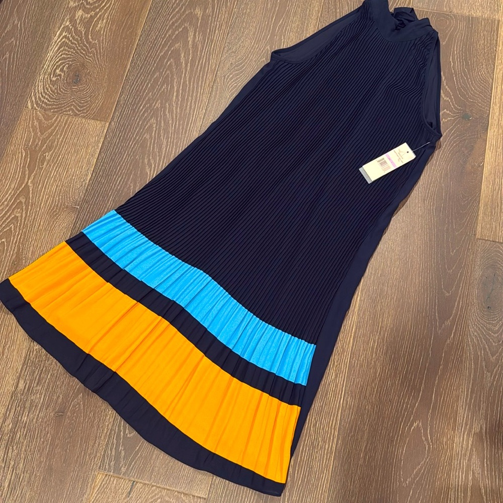 NWT! Nanette Lepore navy blue pleated sky blue and orange stripe dress. Size 6.